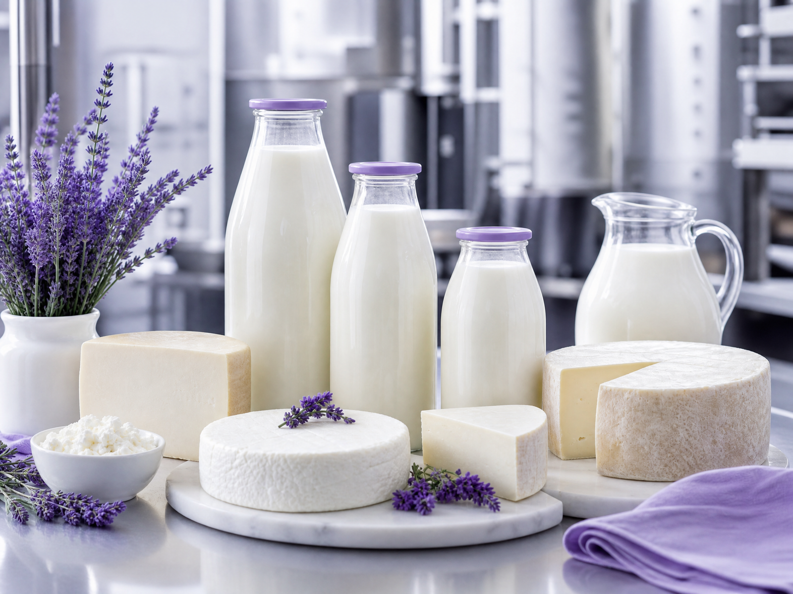 Food grade dairy products including milk bottles and cheese wheels in clean processing facility