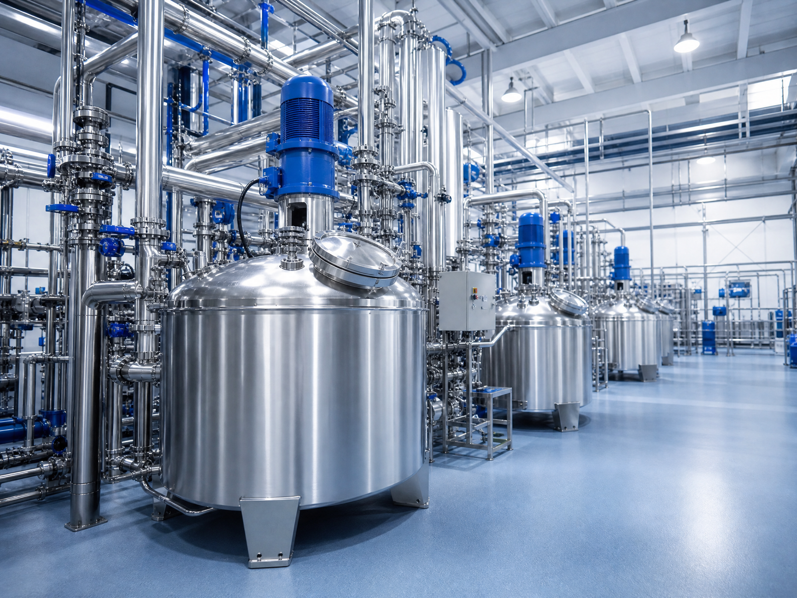 Modern industrial chemical processing facility with stainless steel tanks and blue pipes
