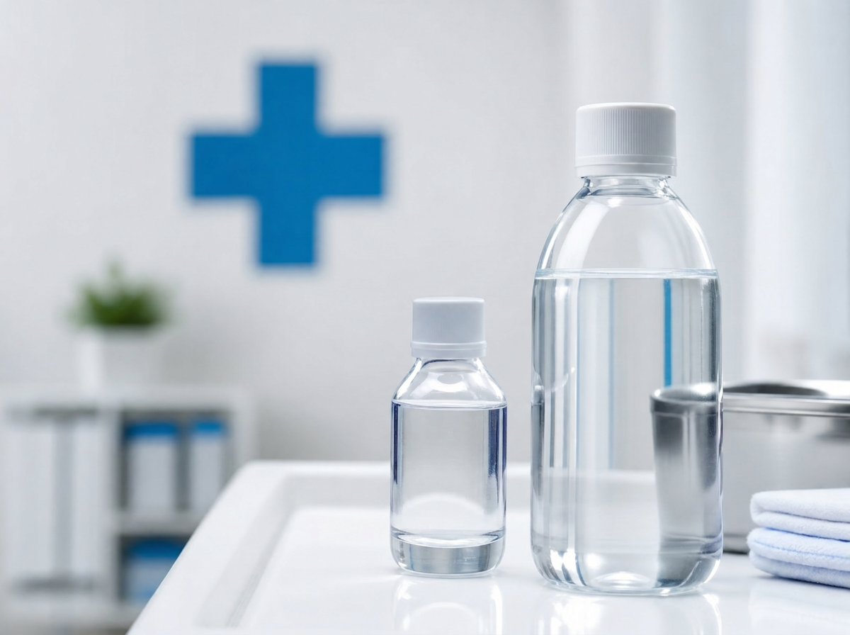 Hydrogen peroxide bottles in a sterile medical setting with blue cross symbol