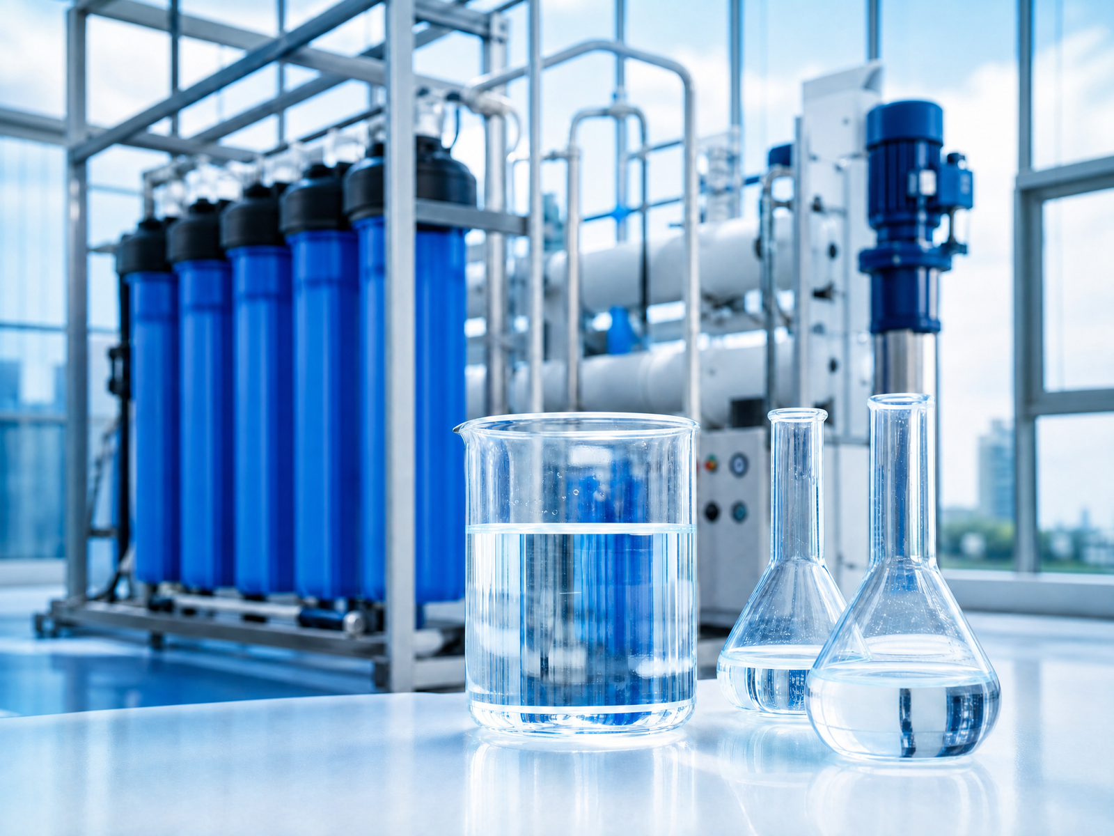 Crystal clear water treatment facility with blue water filters and scientific laboratory equipment